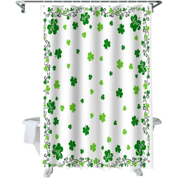St. Patricks Day Shower Curtain for Bathroom Green Shamrock Bathroom Curtains with Hooks, Waterproof Fabric Lucky Clover Shamrock Shower Curtains Set Spring Irish Holiday Bath Decor 36x72 Inch