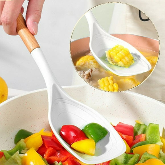 Espátula de silicona antiadherente y cuchara de sopa | Utensilio de cocina con mango de madera extendido, resistente al alto calor, blanco, 13.9in, seguro contra arañazos para utensilios de cocina
