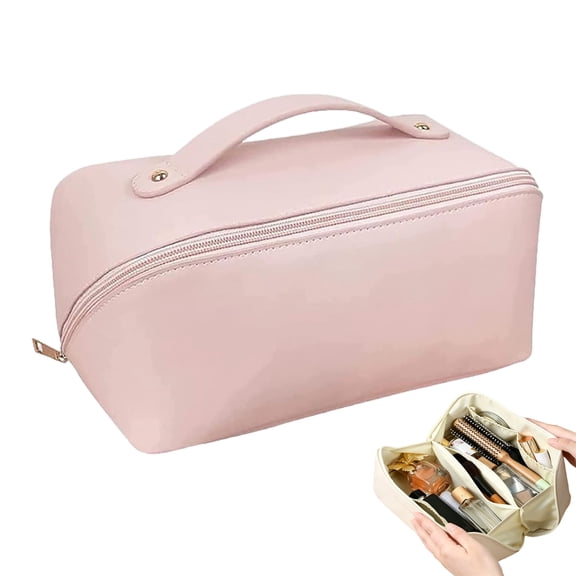Large Capacity Pillow Makeup Bag with Handle,Makeup Pillow Bag, Large-Capacity Stand-Up Cosmetic Organizer bag, PU Leather Waterproof Portable with Divider and Handle (Pink)