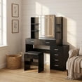 thumbnail image 1 of Ensemble de Coiffeuse Noire avec Tabouret, Miroir Éclairé à 3 Couleurs Réglables, Prise de Courant Intégrée et Port USB-C, 6 Tiroirs et 6 Étagères de Rangement, Table de Maquillage pour Chambre, 1 of 6