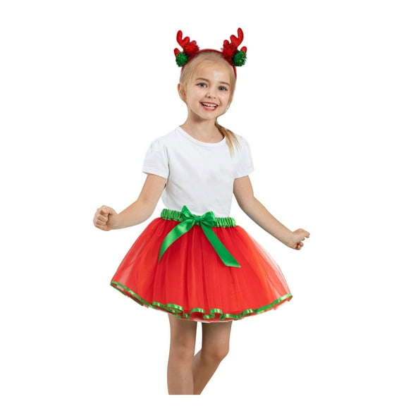 Christmas Skirts for Girls Tie Elastic Waist Puffy Tulle Tutus Skirt with Hair Hoop Casual Festival Outfits, Red, M