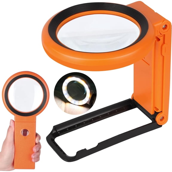 Magnifying Glass with Light and Stand, Foldable Handheld 18 LED Illuminated Lighted Magnifier for Macular Degeneration, Seniors Reading, Close Work, Coins, Jewelry Orange