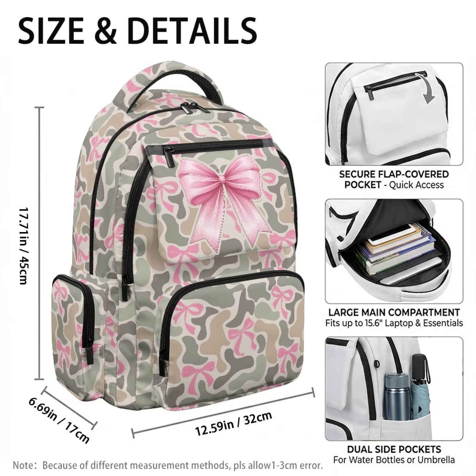 Mochila rosa para niñas, con lindo estampado de moño, liviana, transpirable, duradera, impermeable, con múltiples bolsillos, para regreso a clases 4