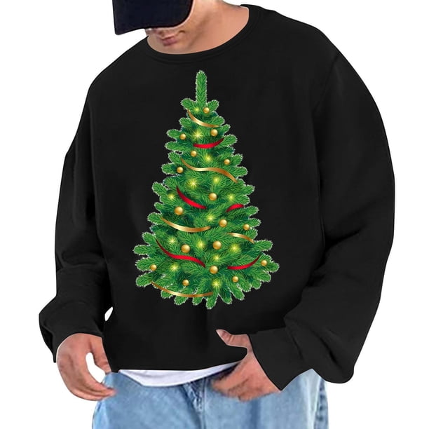 Sudadera sin capucha para hombre, cuello redondo, deportiva, con estampado de árbol de Navidad, sudadera con capucha, jersey de manga larga, blusa de poliéster para hombre
