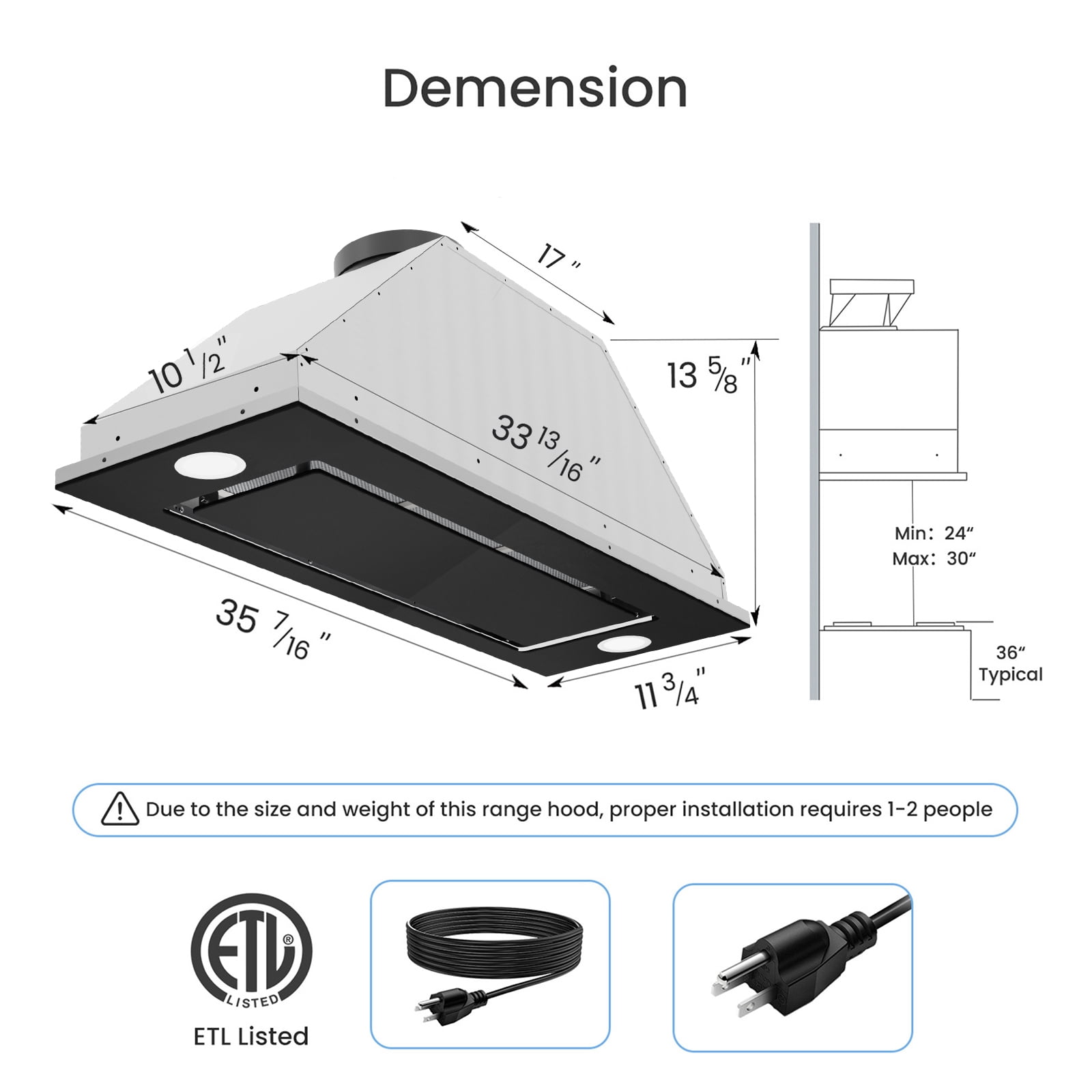 VIKIO 36 inch Insert Range Hood 900CFM, Convertible Ducted to Ductless Exhaust Fan, Carbon Filter, Touch Panel, Stainless Steel, Black