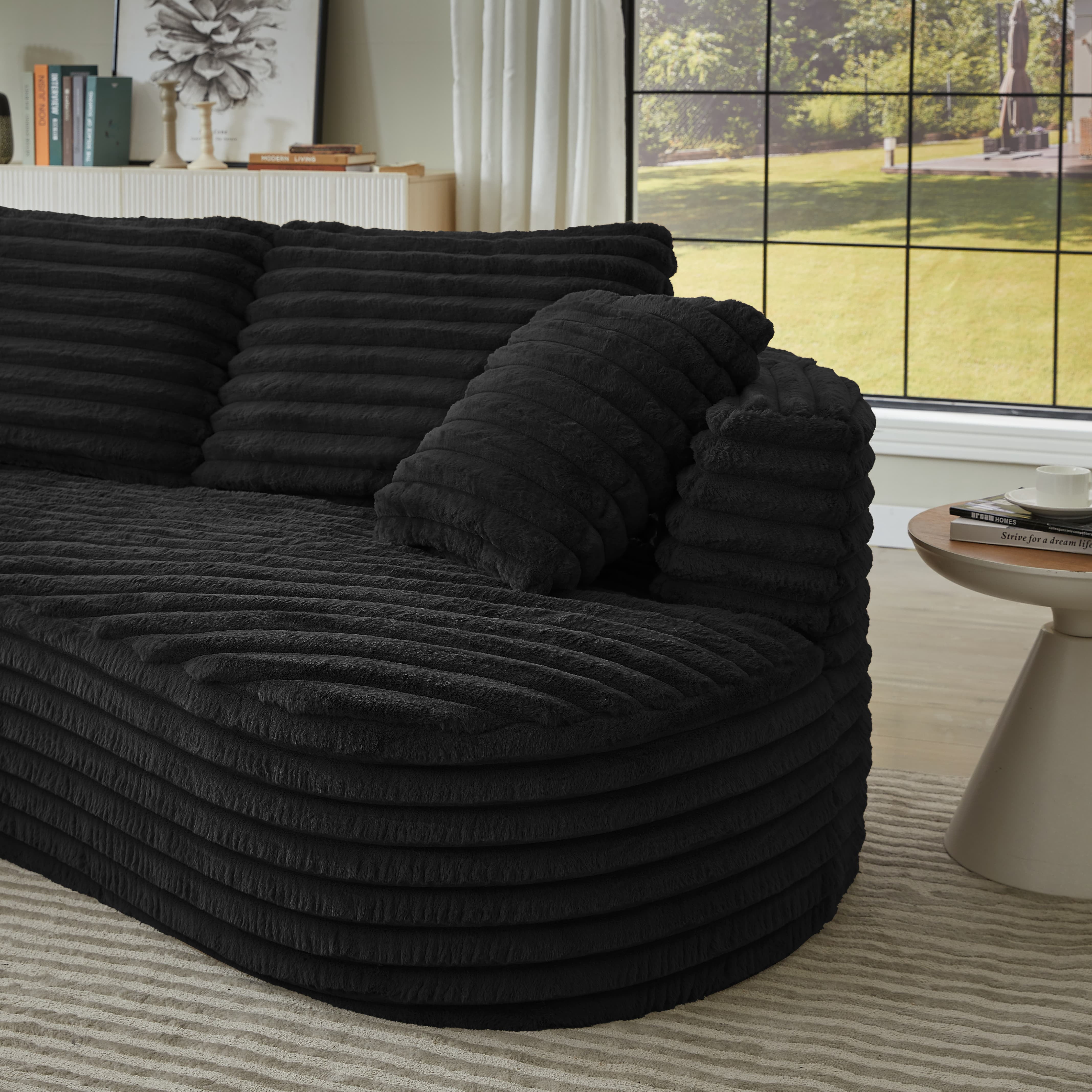 MAYEERTY 120.9" Black Corduroy Curved L Modular Sectional Sofa, Pocket Spring No Assembly Couch for Living Room Reception