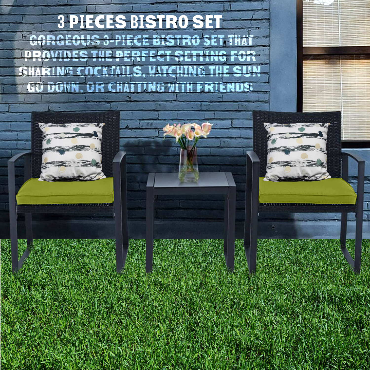Outdoor 3-Piece Dialog Bistro Set Black Wicker Furniture-Two Chairs with Glass Coffee Table Green - image 4 of 7