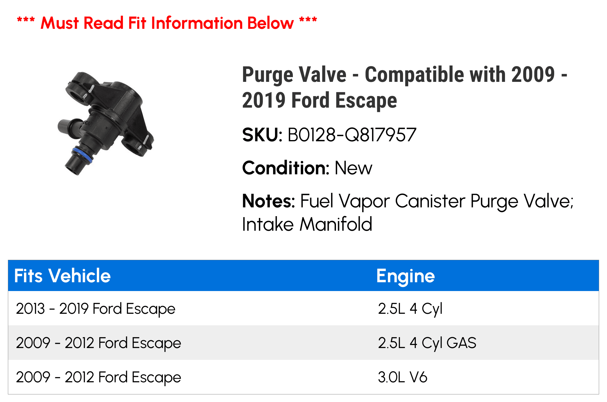Purge Valve - Compatible with 2009 - 2019 Ford Escape 2010 2011 2012 2013 2014 2015 2016 2017 2018