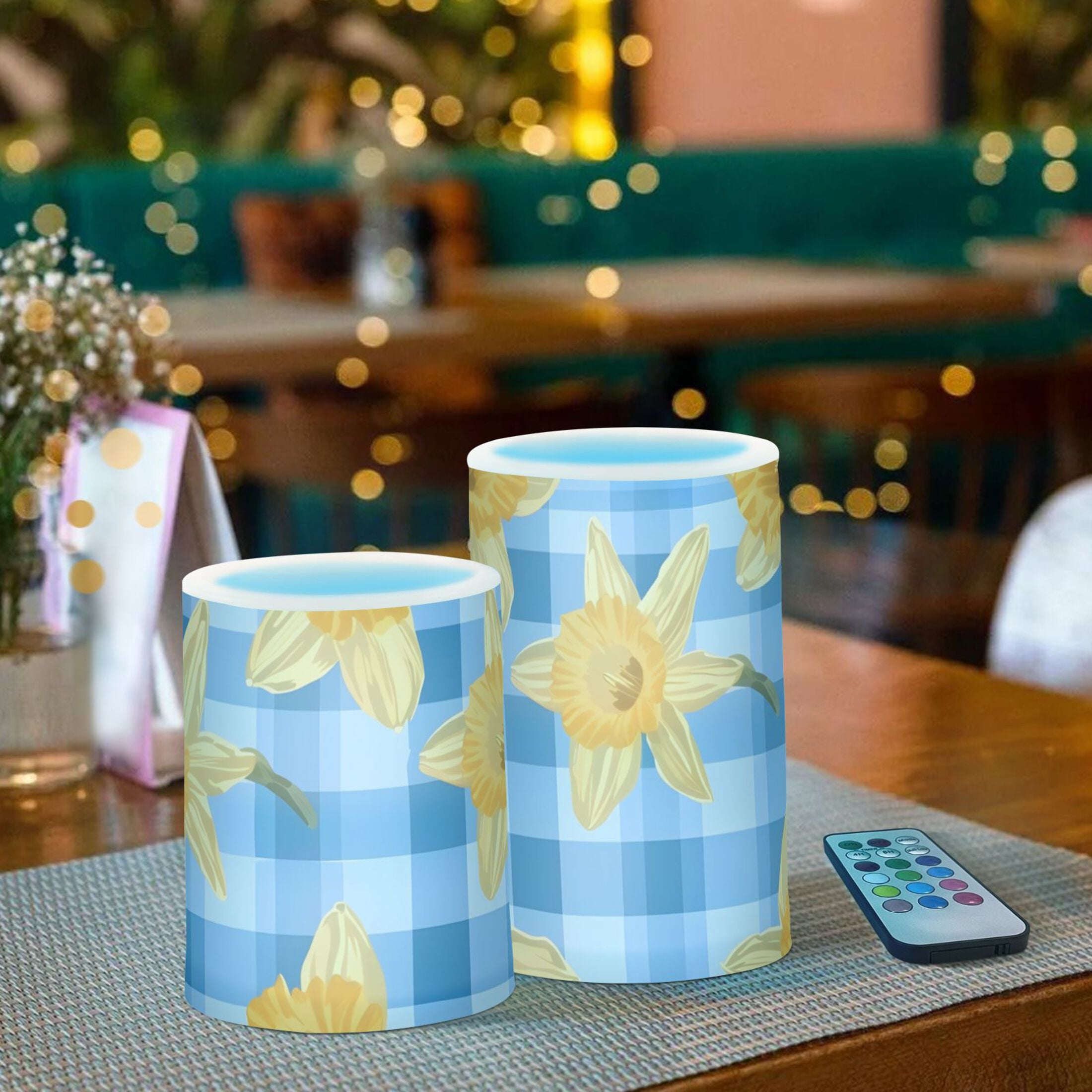 Yellow Daffodils Flickering Flameless Candles LED Tealight Battery Operated with Remote Set of 2 Holiday Decor Ornaments