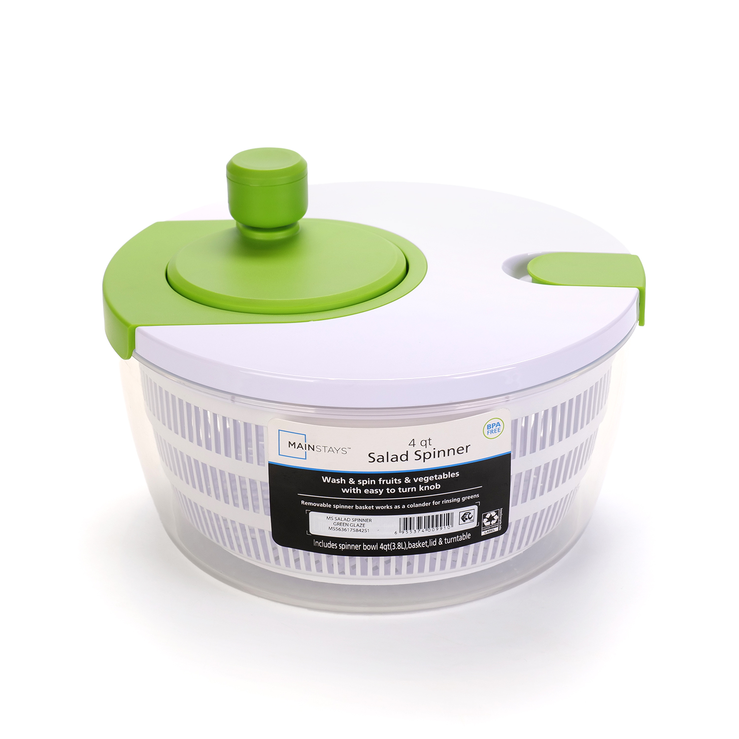 Mainstays 4 Qt Salad Spinner, Green photo 1