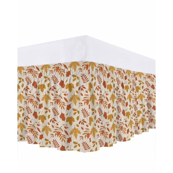 Retro Autumn Bed Skirt King Size 16 Inch Drop, Maple Leaf Thanksgiving Linen Background Wrap Around Dust Ruffle Bedskirts, Wrinkle & Fade Resistant Easy Fit Bedskirt with Adjustable Elastic