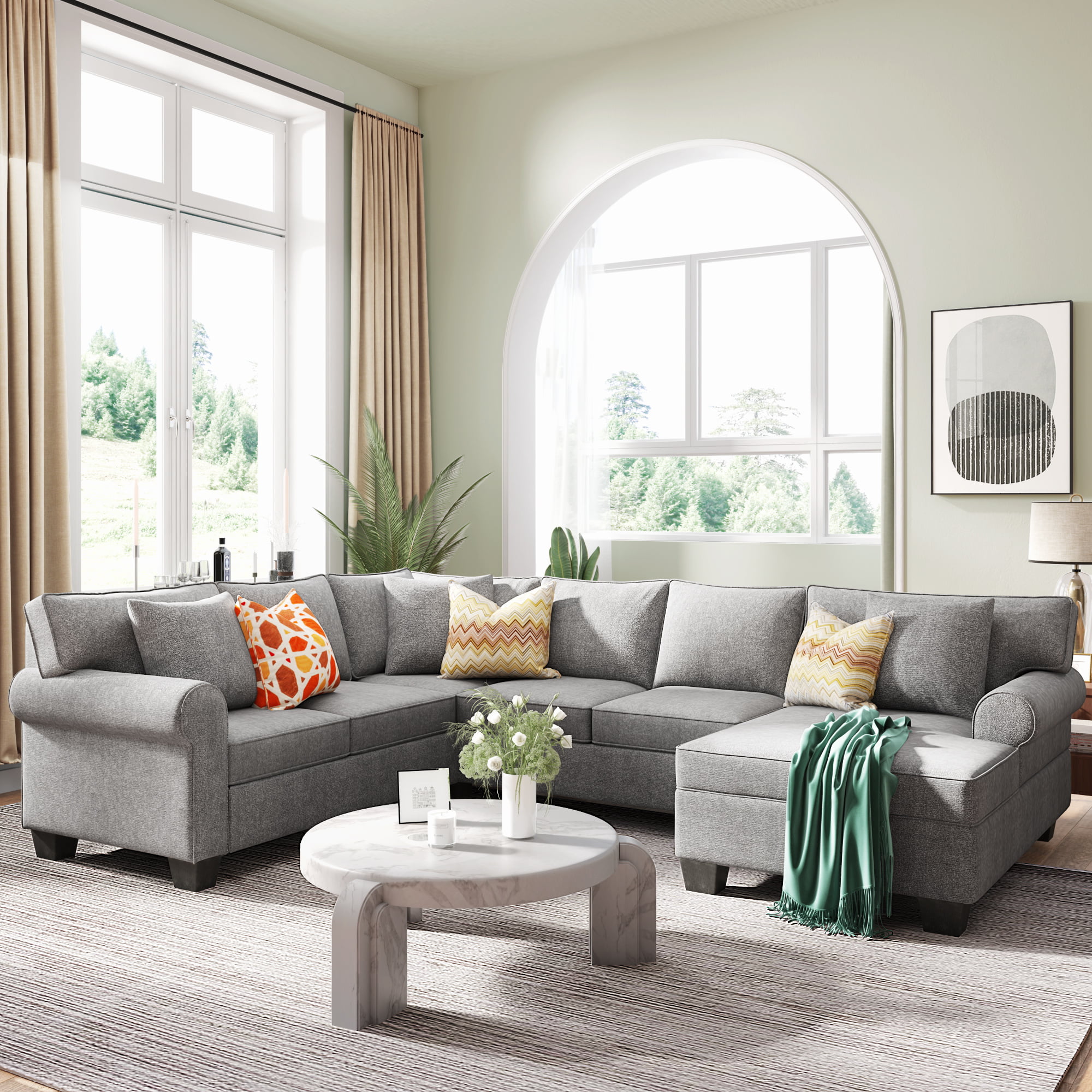 Home Furniture Gray STARTO Pieces Sectional Sofa Set Upholstered Rolled Arm L-Shaped Couch 3 Pillows Include for Living Room