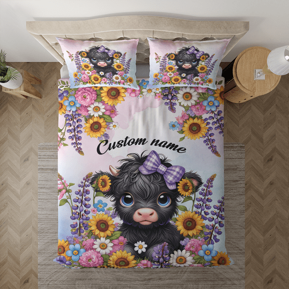 Lotusprinthandmade Personalized Highland Cow And Flower Bedding Set (Made in Vietnam) (60x80), Cute Cow And Flower Comforter, Rustic Cow Bedroom Set