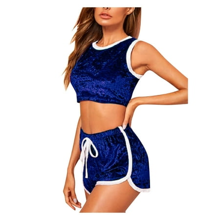 

Knosfe Women Pjs 2 Pack Solid Color Nightgown Sleepwear Sexy Pajamas Set Lace-Up Crop Top Shorts Set