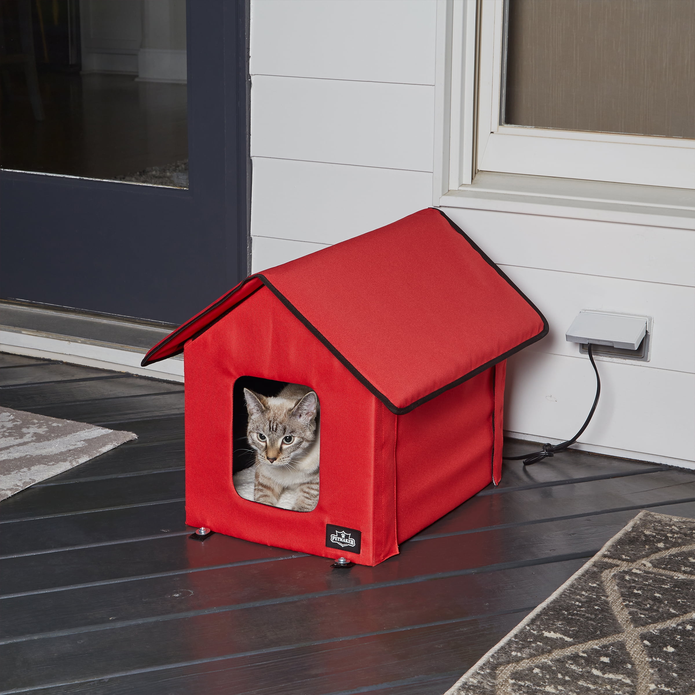 PETMAKER Heated Cat House with Heating Pad and Sherpa Cover (Red)