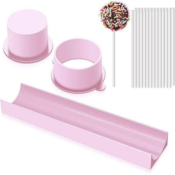 Januofit Round Cake Pop Mold Set with 9 Inch Tray and Sticks, ABS Cake Pop Maker, Circle Cake Pop Cutter and Pusher, Baking Molds Kit for Parties, Wedding,Home Desserts Making - Pink