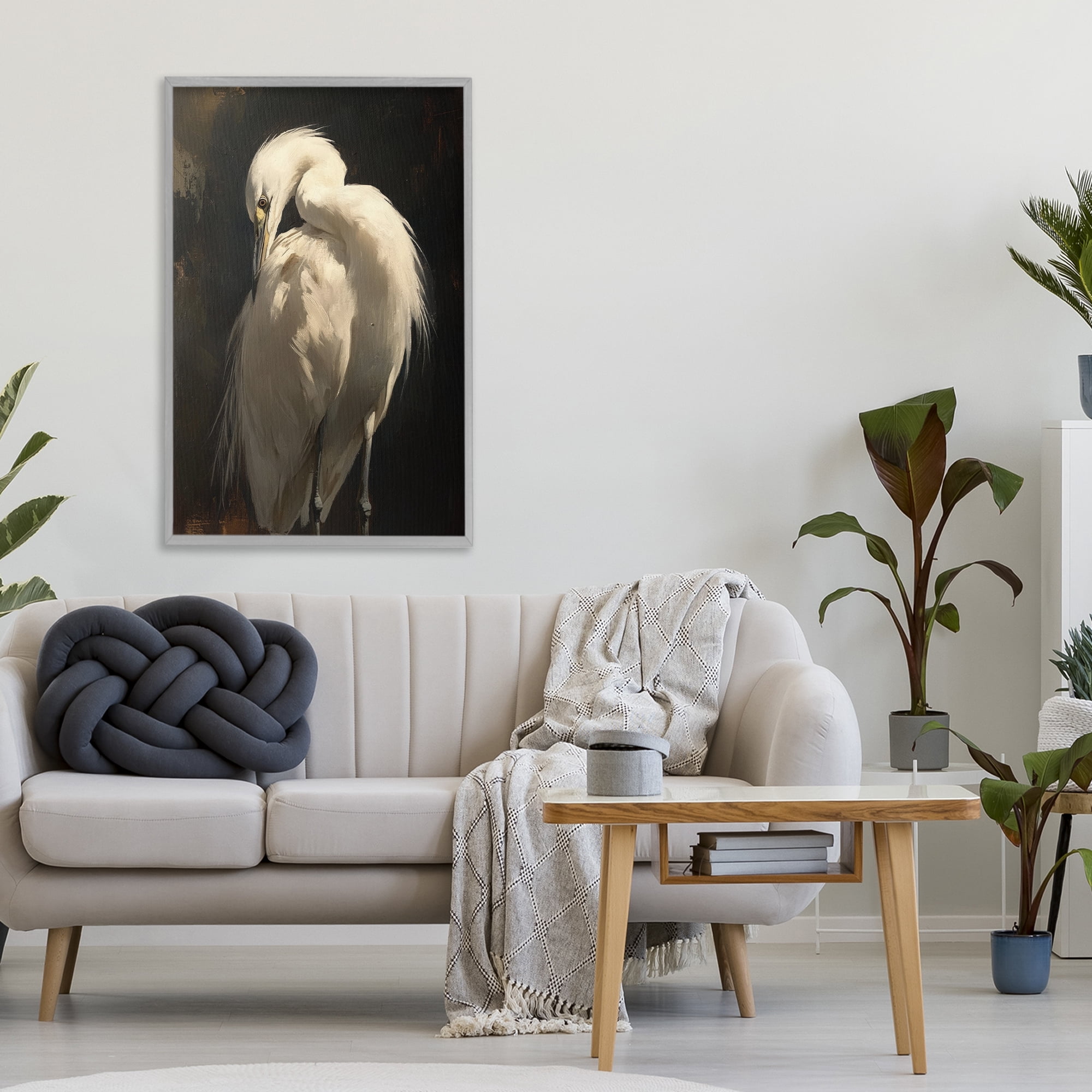 Stupell Industries Feathered Egret in Soft Light Gray Framed Giclee Art, design by Petal Prints Design