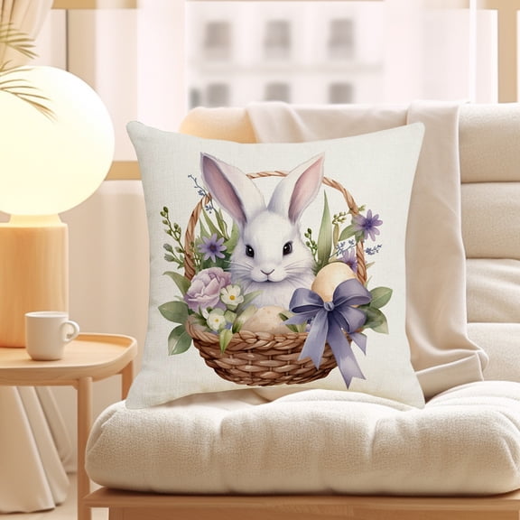 Taotanxi Throw Pillow Covers Colored Spring Flower Grass Around The Rabbit Printed Decorative Pillow Case Cushion Cover Home Decoration Cotton Linen Pillowcases 18 X 18 Inch (Floral-Bunny)