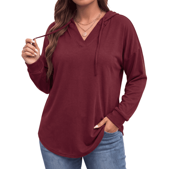 WellSize Plus Size Hoodies for Women Casual V Neck Sweatshirts Drawstring Long Sleeve Tops Fall Lightweight Pullover