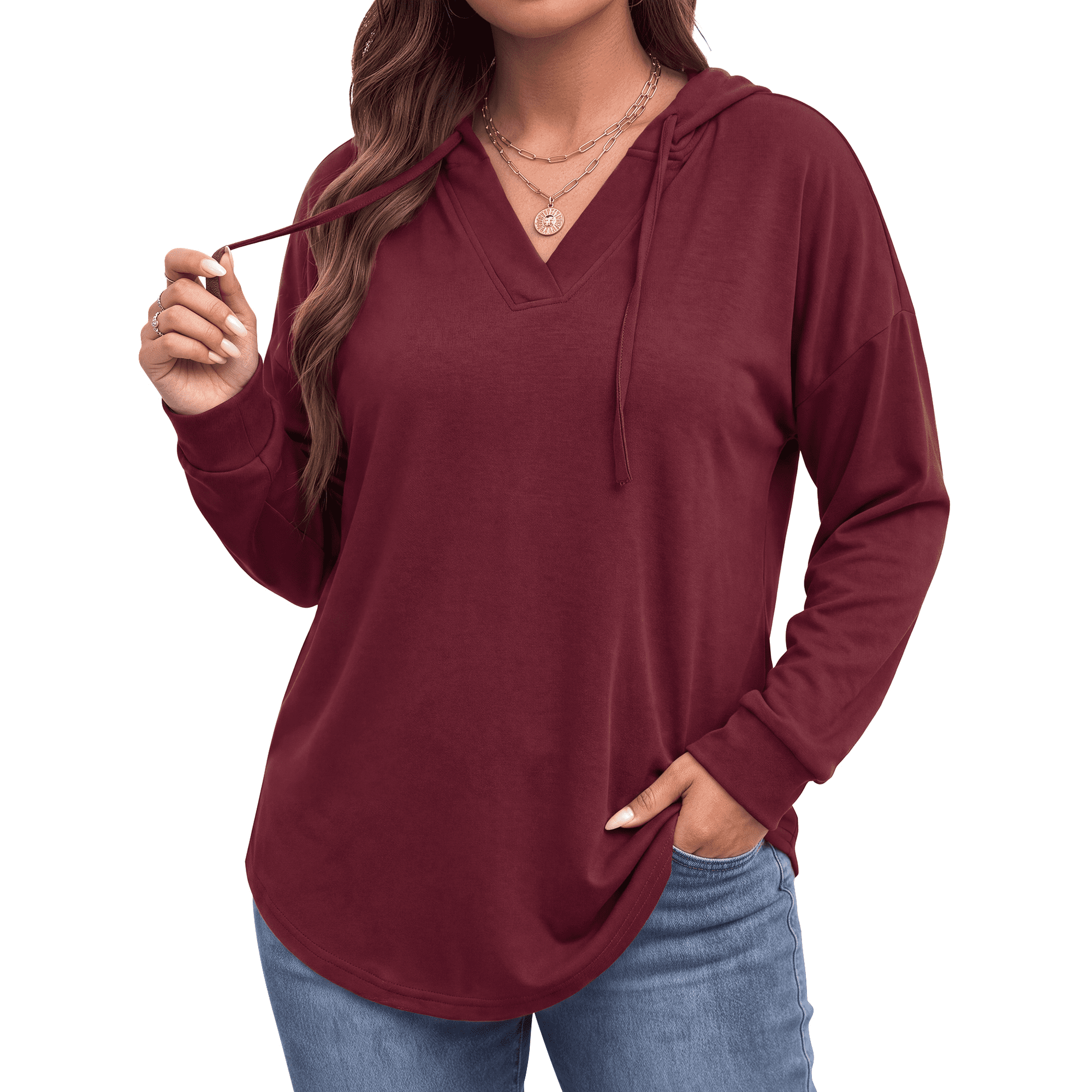 WellSize Womens Plus Size Hoodies Trendy Drawstring Sweatshirts for Women Casual V Neck Tops Fall Lightweight Pullover