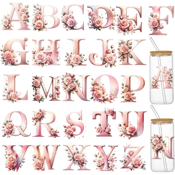 UCEI 4 Inch Floral Alphabet Stickers Waterproof 3D Rose Letter Decals for Mugs Cups 26 Pack