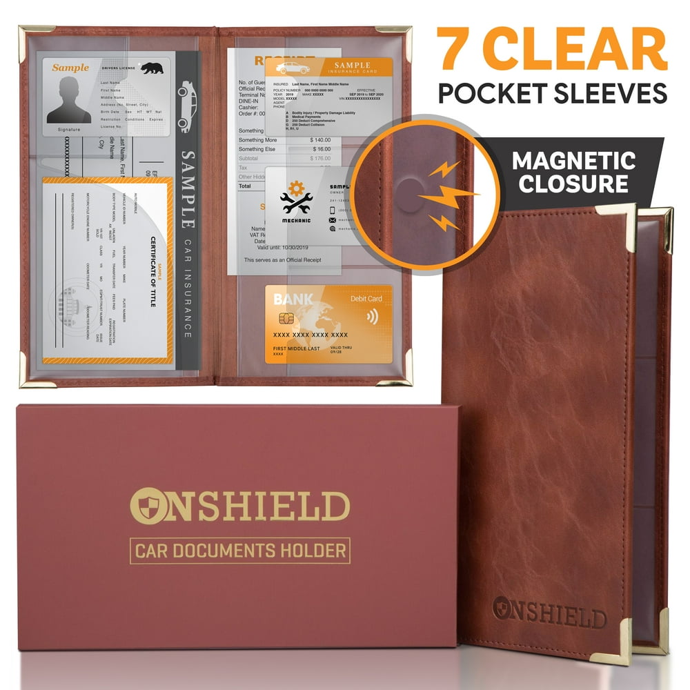 OnShield Car Insurance and Registration Holder Brown PU Leather
