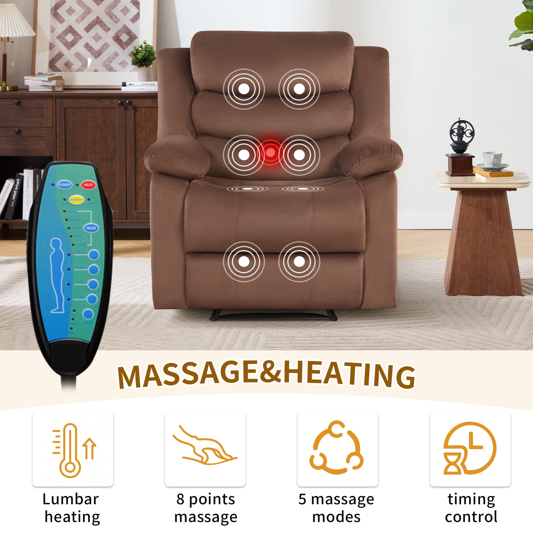 Bonzy Home Modern Comfort Reclining Chair, Breathable Fabric Recliner Chairs with Massage & Heating, Brown