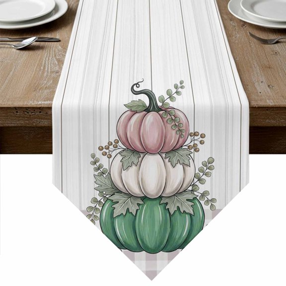 White Green Pumpkins Fall Table Runner Linen Burlap Table Runner 60 Inches Long Thanksgiving Wooden Botanical Dresser Scarves for Kitchen Island Coffee Dining Room Party Holiday Decoration 13"x60"
