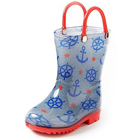 Puddle Play Children's Boys' Nautical Printed Waterproof Easy-On Rubber Rain Boots (Toddler/Little Kids)
