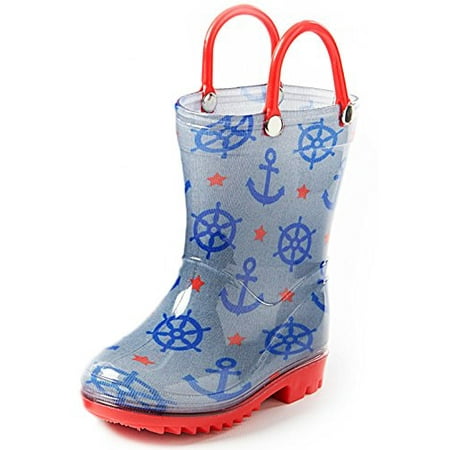 Puddle Play Children's Boys' Nautical Printed Waterproof Easy-On Rubber Rain Boots (Toddler/Little