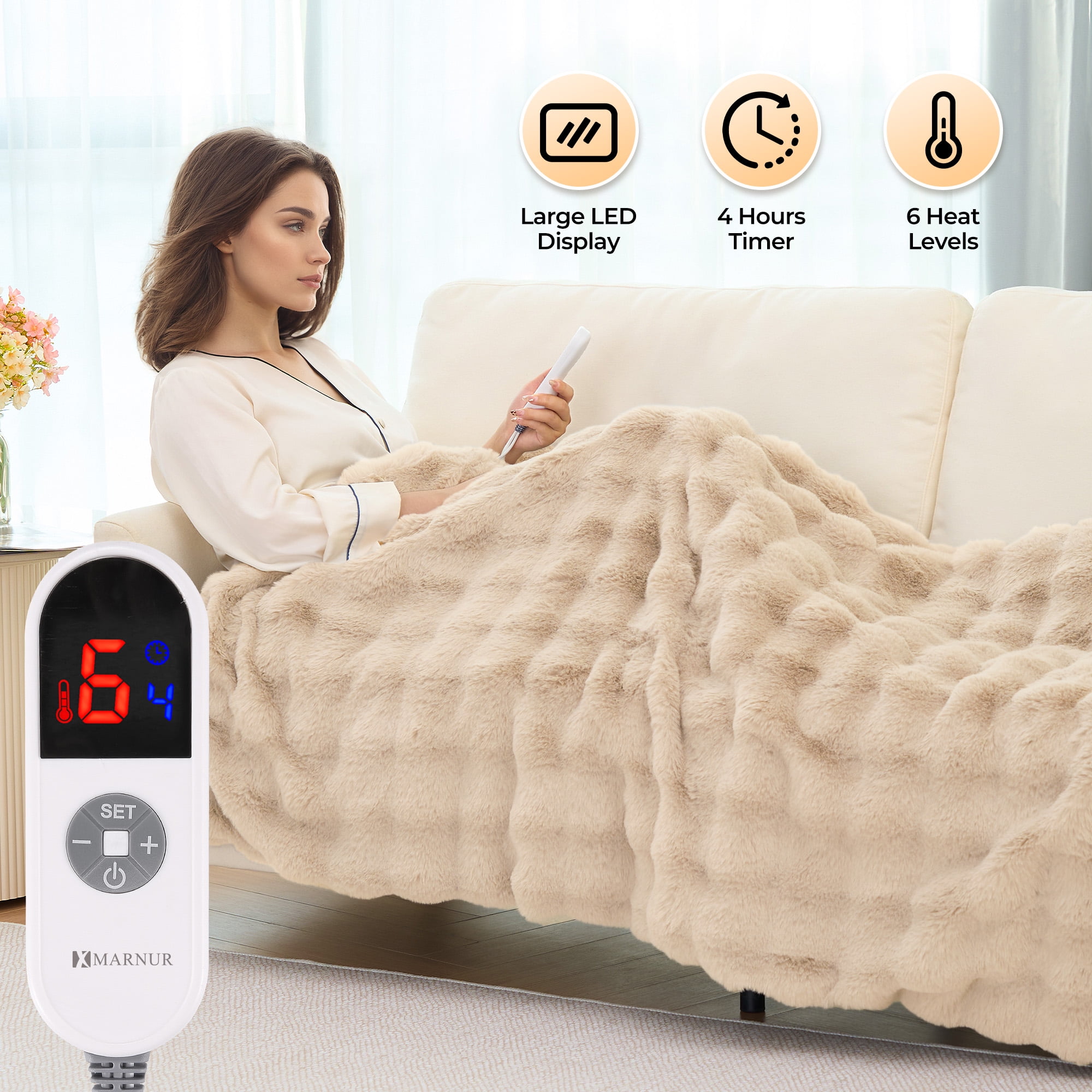 MARNUR Electric Throw Blanket 50"x60", Faux Fur Heated Throw, 6 Heating Levels, 4 Hours Timer, Khaki