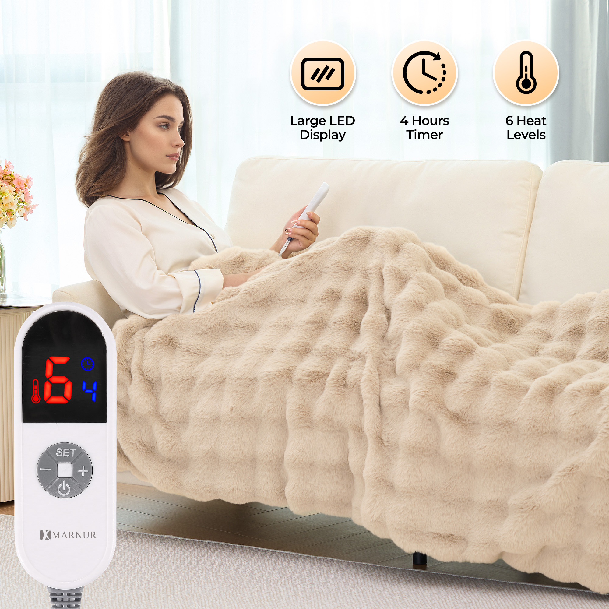 MARNUR Electric Heated Throw Blanket, 50x60 Inches, Khaki photo 2