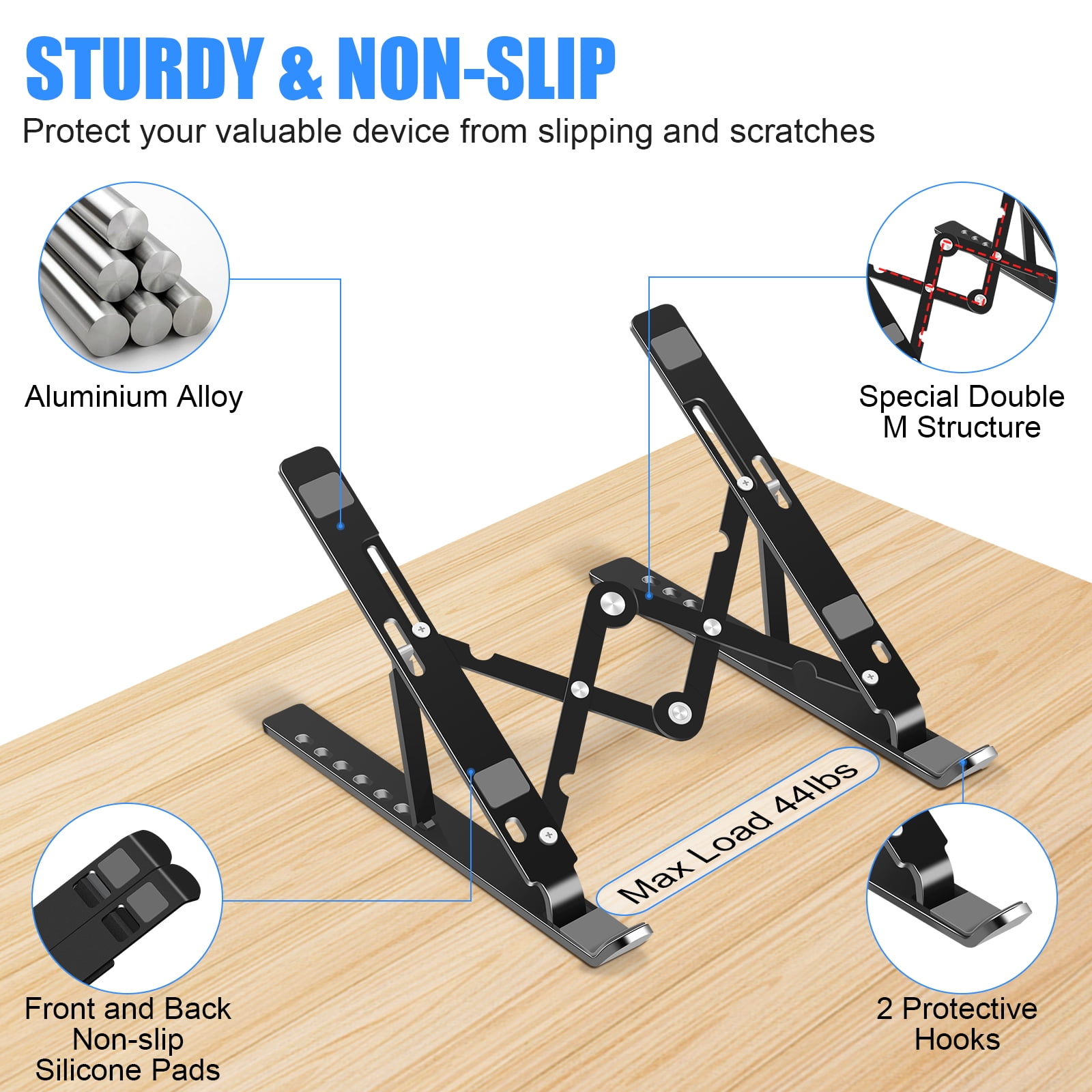 FIASON 1 Pack Black Adjustable Laptop Stand,Compatible with 9-17" Laptop,7-Levels Ventilated Aluminum Laptop Holder for Desk,Ergonomic Universal Computer Stand with aluminum, metal and Rubber