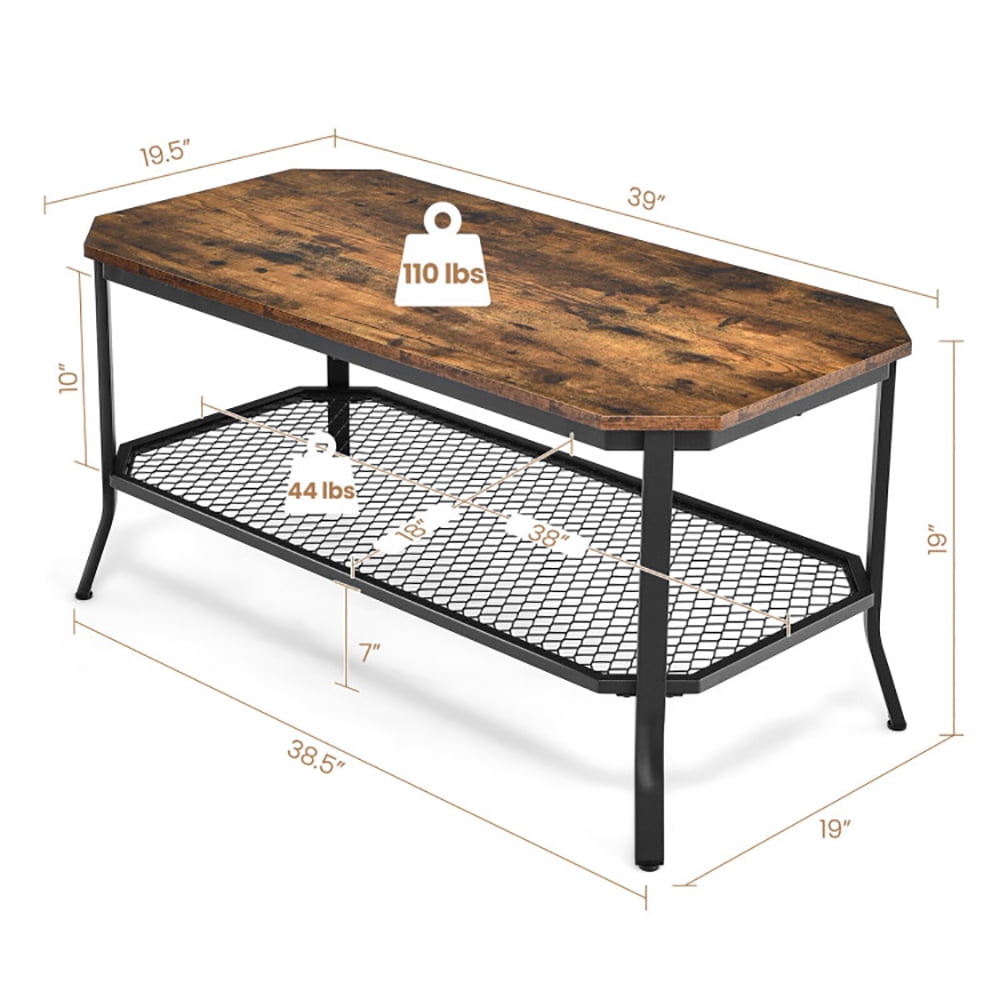 Finihen Rectangular Coffee Table, 2-Tier Cocktail Table, 2-Tier Industrial Coffee Table with Open Mesh Storage Shelf, for Living Room, Reception Room, Rustic Brown Finihen Rectangular Coffee Table, 2-Tier Cocktail Table, 2-Tier Industrial Coffee Table with Open Mesh Storage Shelf, for Living Room, Reception Room, Rustic Brown
