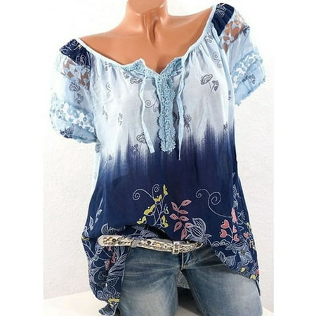 - New Summer Women Lace Floral Print Color Block Blouses Shirts Casual Vintage Short Sleeve V Neck Bandage Plus Size Tops T-shirt