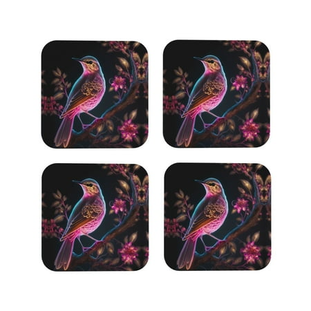 

Leather Coasters Set of 4 - Pink Glowing Leaf Bird Lightweight Non-Slip Drink Coasters for Desk Anti-Scalding Desk Cup Coasters for Office Table Decor Square