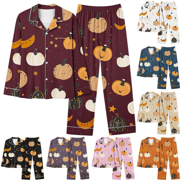 Feancey Sleepwear Sets for Women Halloween Pjs Two Piece Holiday Casual Pumpkin Print Button Down Shirt Wide Leg Pants Lounge Set Long Sleeve Pajama Outfits Orange L