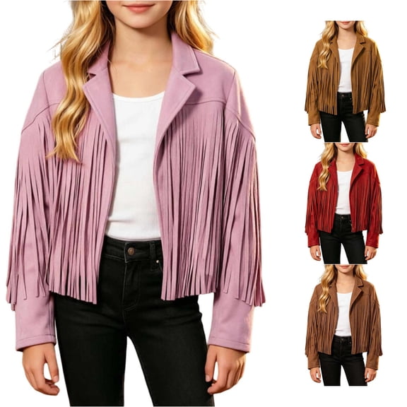 Zylarhe Girls Fringe Suede Leather Jackets Kids Western Tassels Motorcycle Cardigan Cropped Coats Pink 5-6 Years