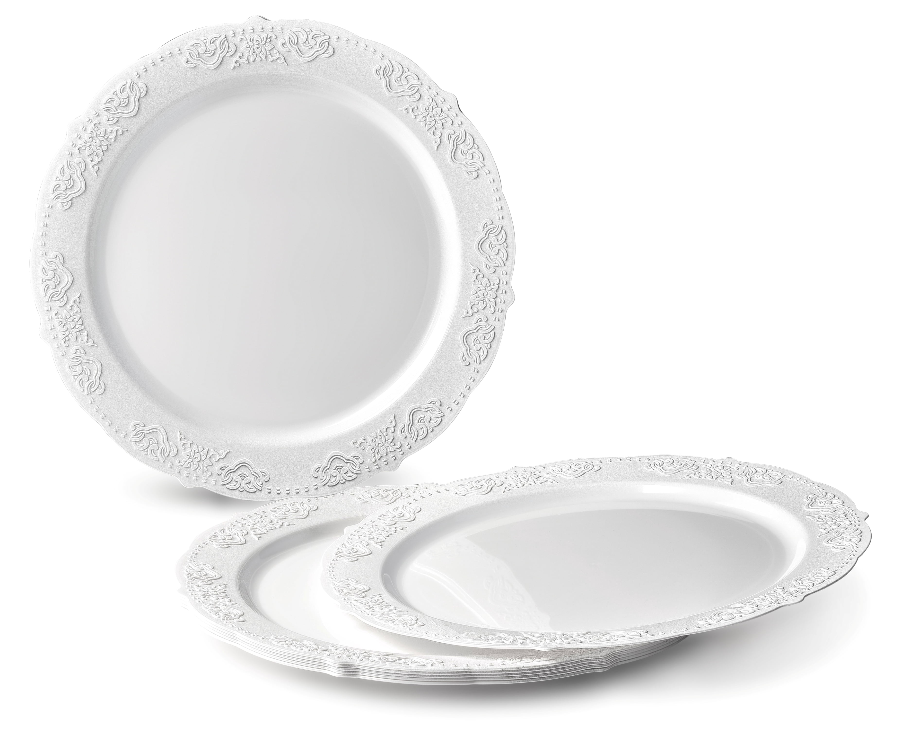 " OCCASIONS " 100 Plates Pack,(50 Guests) Vintage Wedding Party Disposable Plastic Plates Set -50x10.25'' Dinner + 50x7.5'' Salad/Dessert Plate (Portofino Plain White)