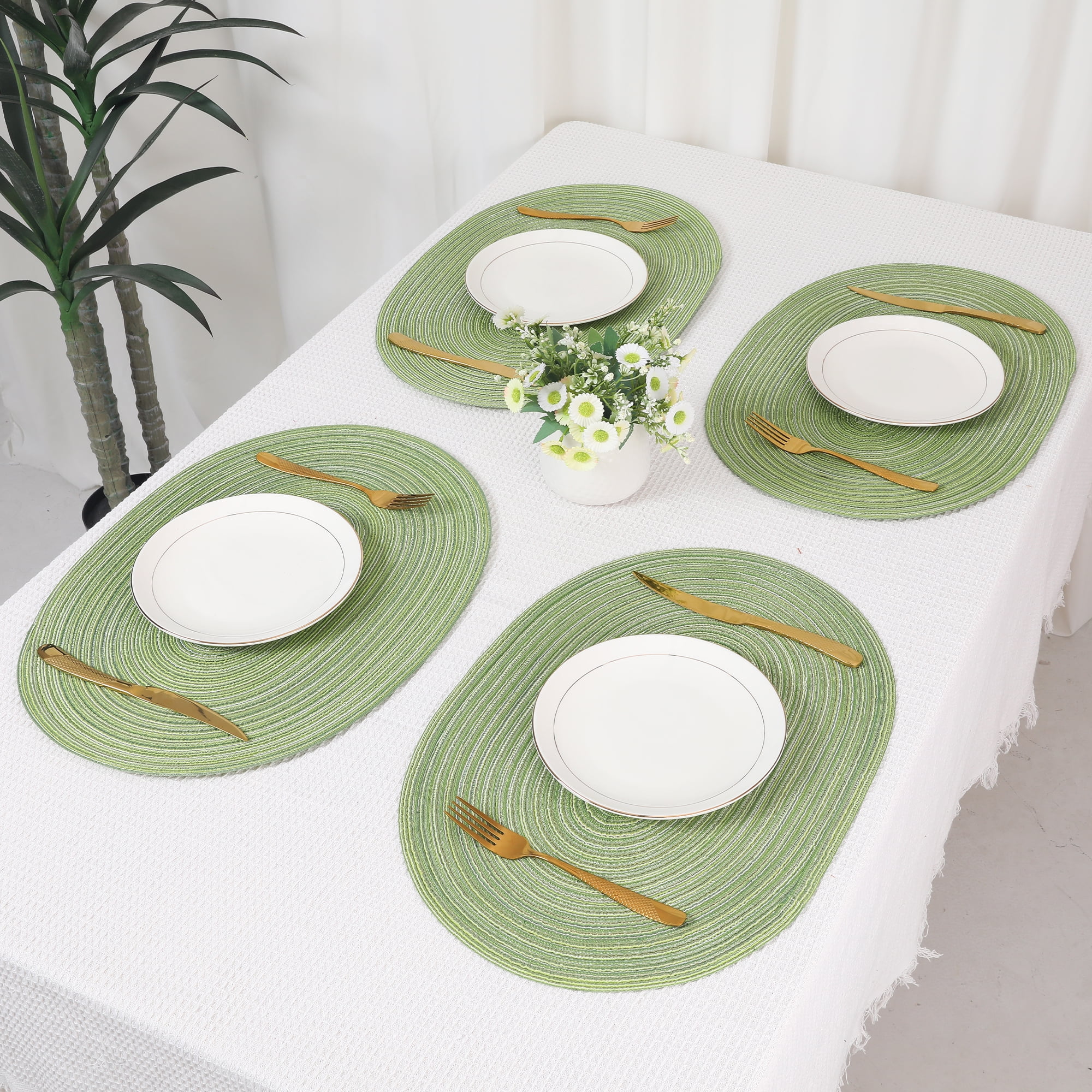 Unique Bargains Farmhouse Placemats Oval Placemats for Dining Table 6pk Green 19.7x14Inch