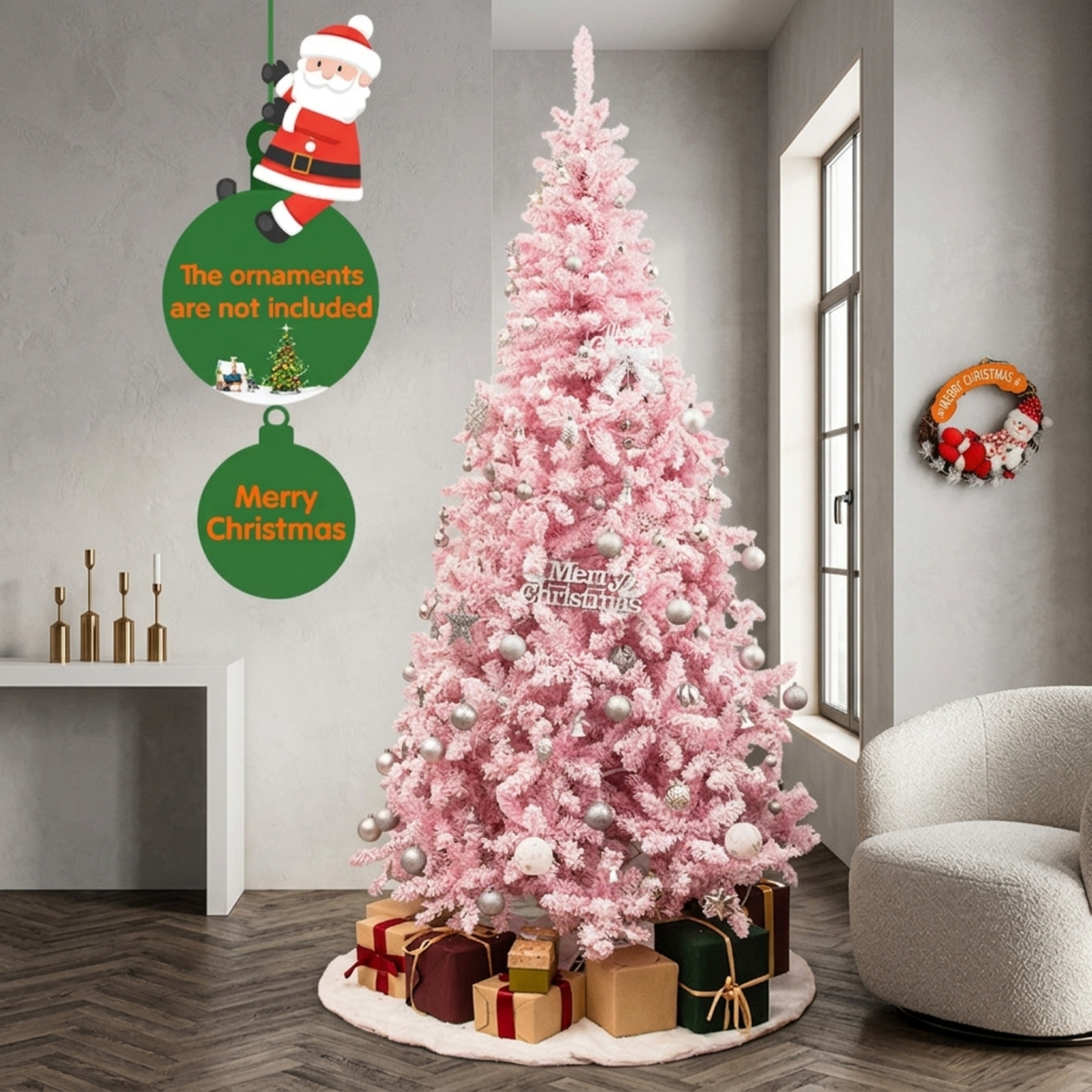 RUIE 7.5 ft Pink Flocked Christmas Tree, Pre-Lit Artificial Xmas Tree with 450 LED Lights and 1100 Branch Tips for Holiday Decor
