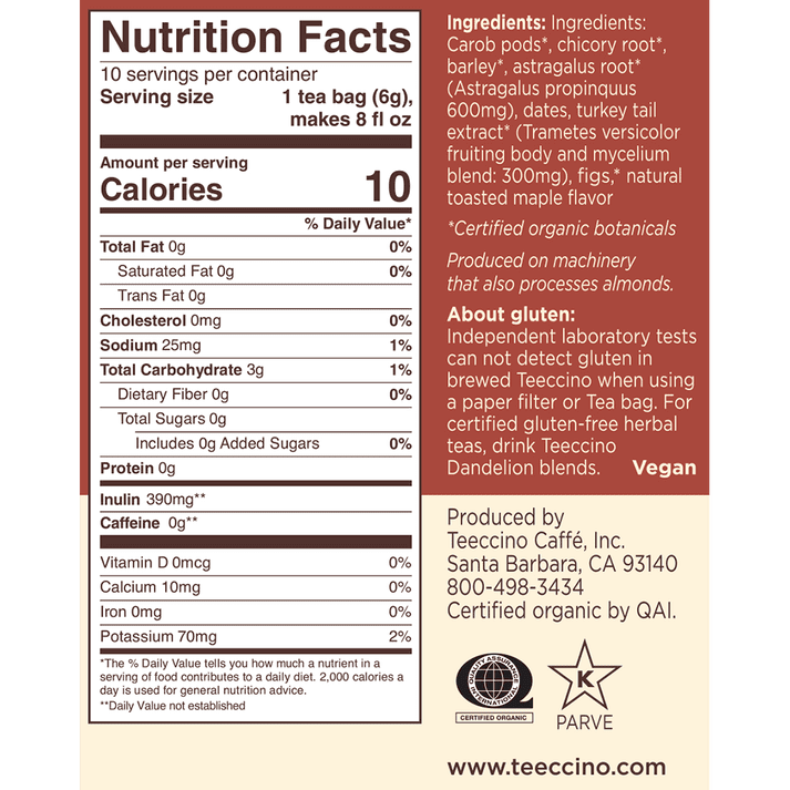 (Pack of 6), Teeccino Turkey Tail Astragalus Toasted Maple Mushroom Herbal Tea, 10 ct