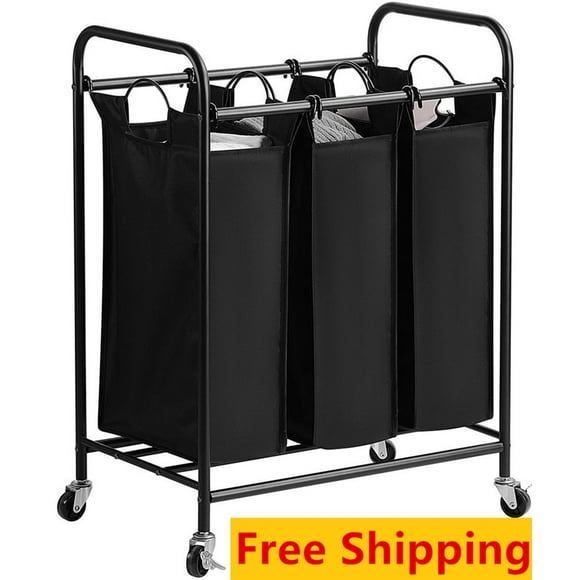 3-Bag Laundry Sorter Cart, Heavy-Duty Rolling Laundry Hamper with Removable Bags and Brake Casters, Black