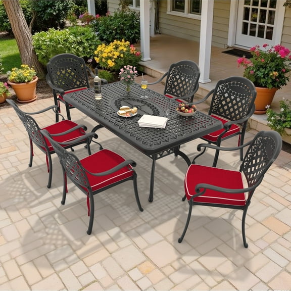 Hzzkey 7-Piece Rectangle Cast Aluminum Patio Set , Red Cushions , Umbrella Hole , Black