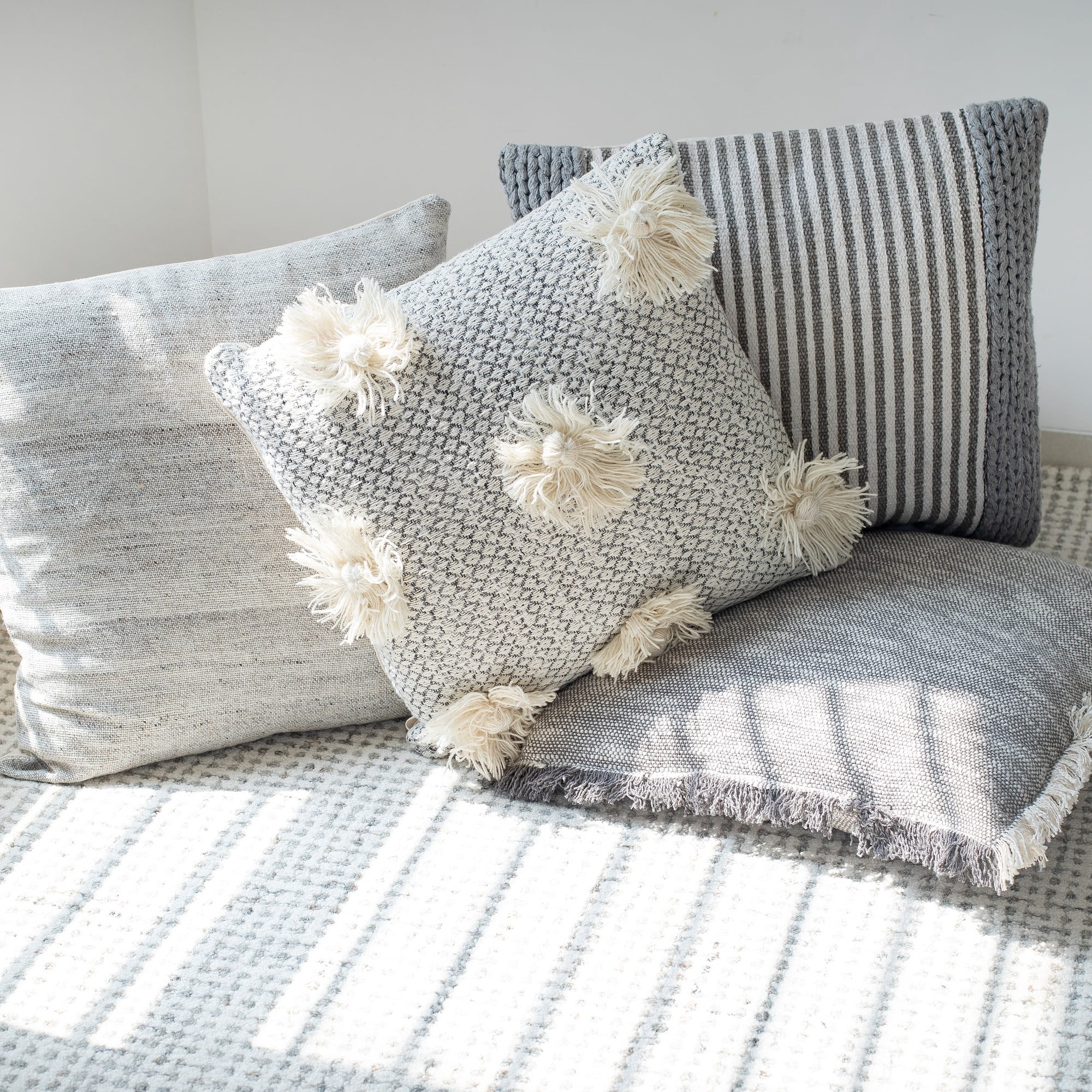 Laddha Home Designs Handwoven Geometric Floral Throw Pillow Cover - 18" - Gray and Beige