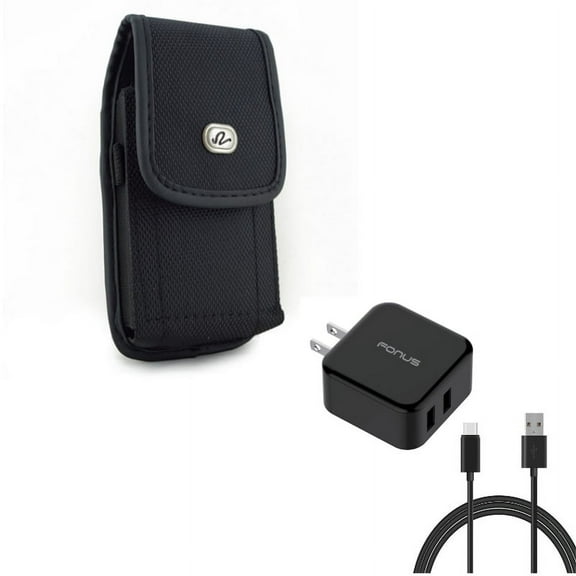 Black Rugged Canvas Phone Case w 30W 2-Port Adaptive Fast Home USB Quick Charger 6ft Type-C Cable V1V for LG V50 ThinQ 5G, V40 ThinQ, Stylo 4 Plus - Motorola Moto Z3 Play Z2 Play Z Play Droid