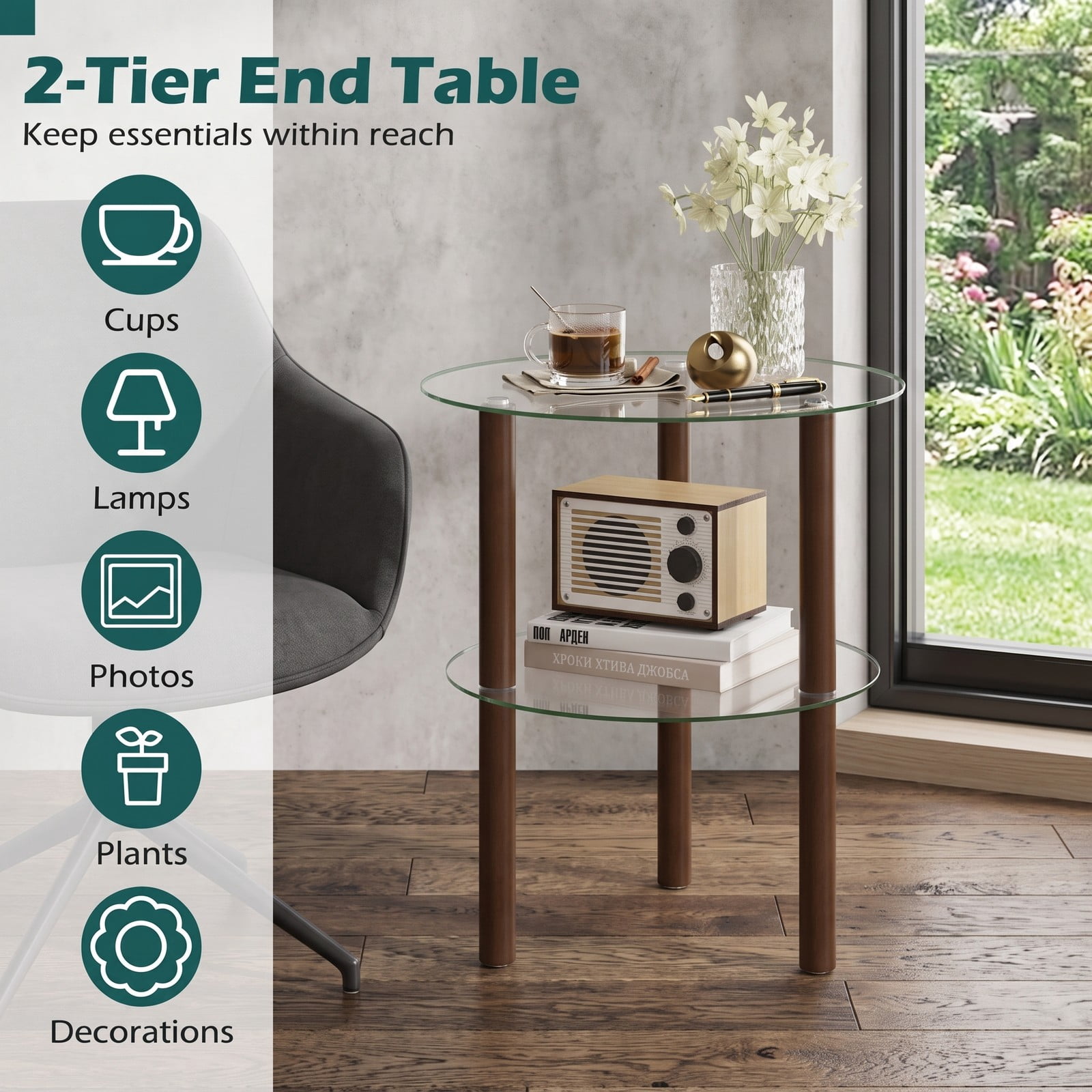 Furnibear 2-Tier Round End Table with Clear Tempered Glass Top and Storage Shelf, Rubber Wood Legs Side Sofa Nightstand for Living Room Bedroom, Brown