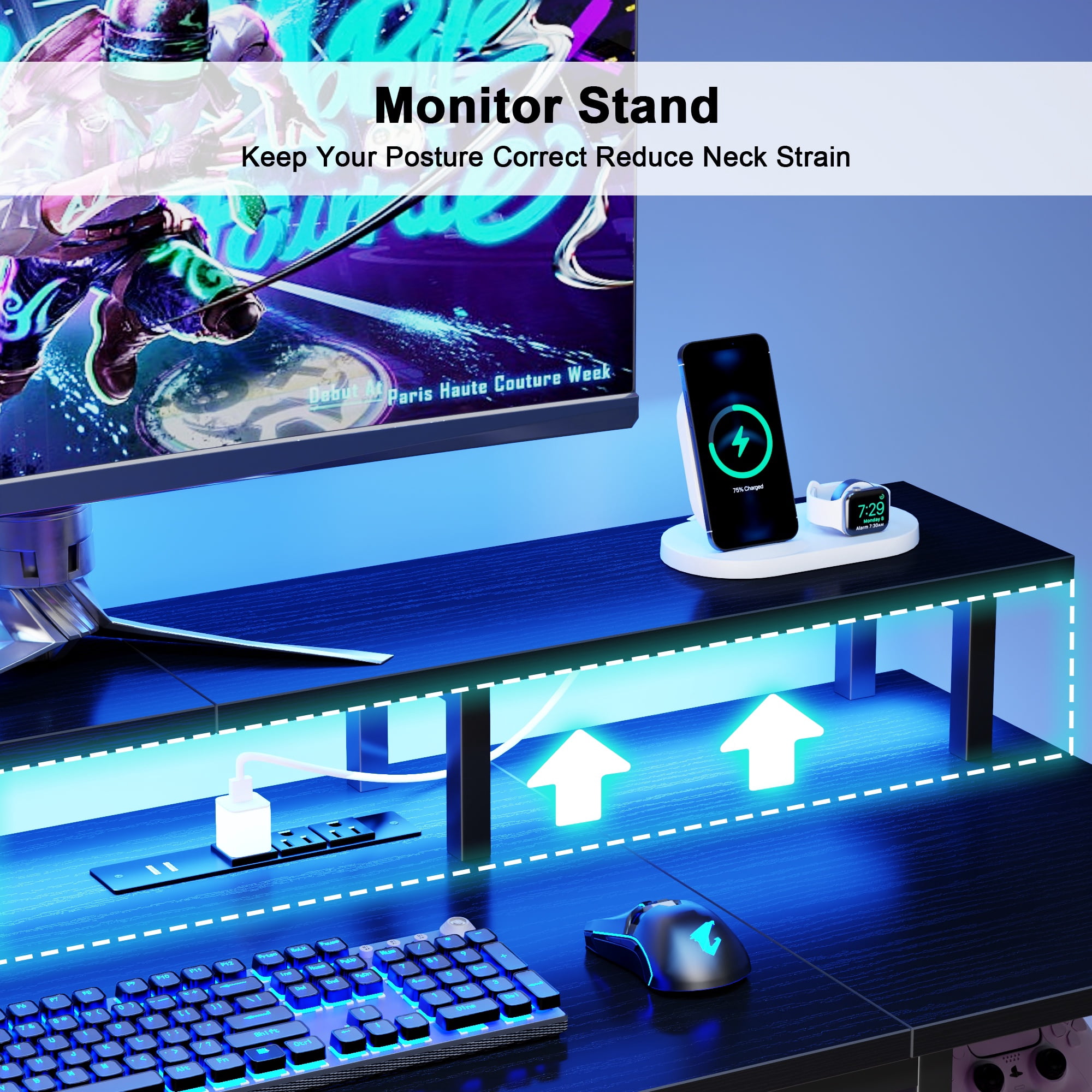 Satifur 51" Reversible 2-Tier Computer Desk with Power Outlet, LED Lights, File Cabinet & Storage Shelves,Black