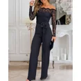 thumbnail image 3 of CHICME Jumpsuits for Women Off Shoulder Long Sleeve Eyelash Lace Spliced Slim Fit Overalls Casual Zipper Back Jumpsuit with Belt Black-S, 3 of 8