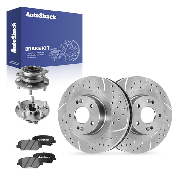 AutoShack Front Vented Drilled & Slotted Silver Zinc Coated Brake Rotors   Ceramic Pads   Hub Bearing Assembly 8-PC Brake Kit Replacement for 2014-2015 Kia Sorento SilverShield Pro 12.6" (320 mm)